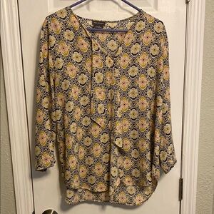 Cato Blue and Orange Relaxed Tie Front Blouse